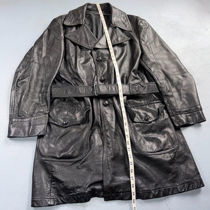 VTG Mens Long Length Vintage Leather Military Duster UNLined Rockabilly 60s Belt