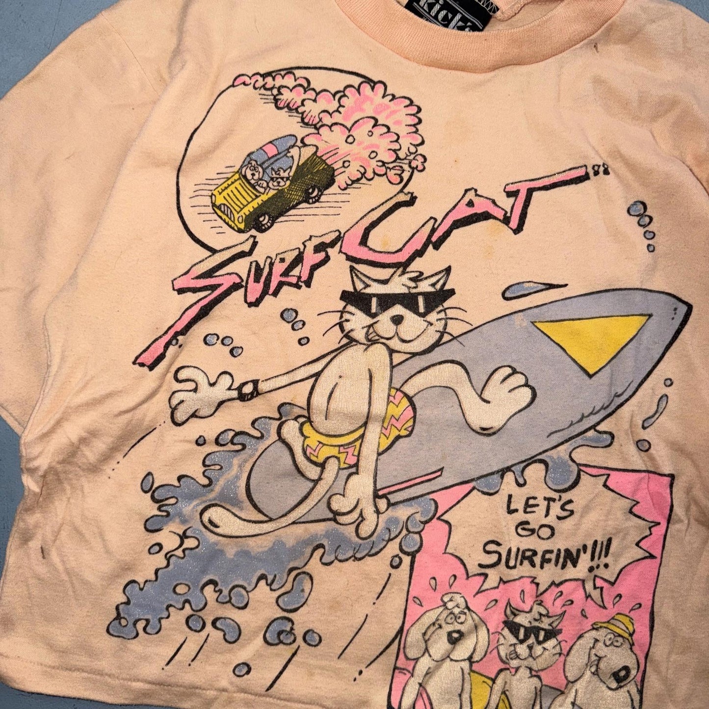 Surf Cat Crop 80s VTG T Shirt Kicks USA 1980s Graphic Cats Cartoon Cool Beach