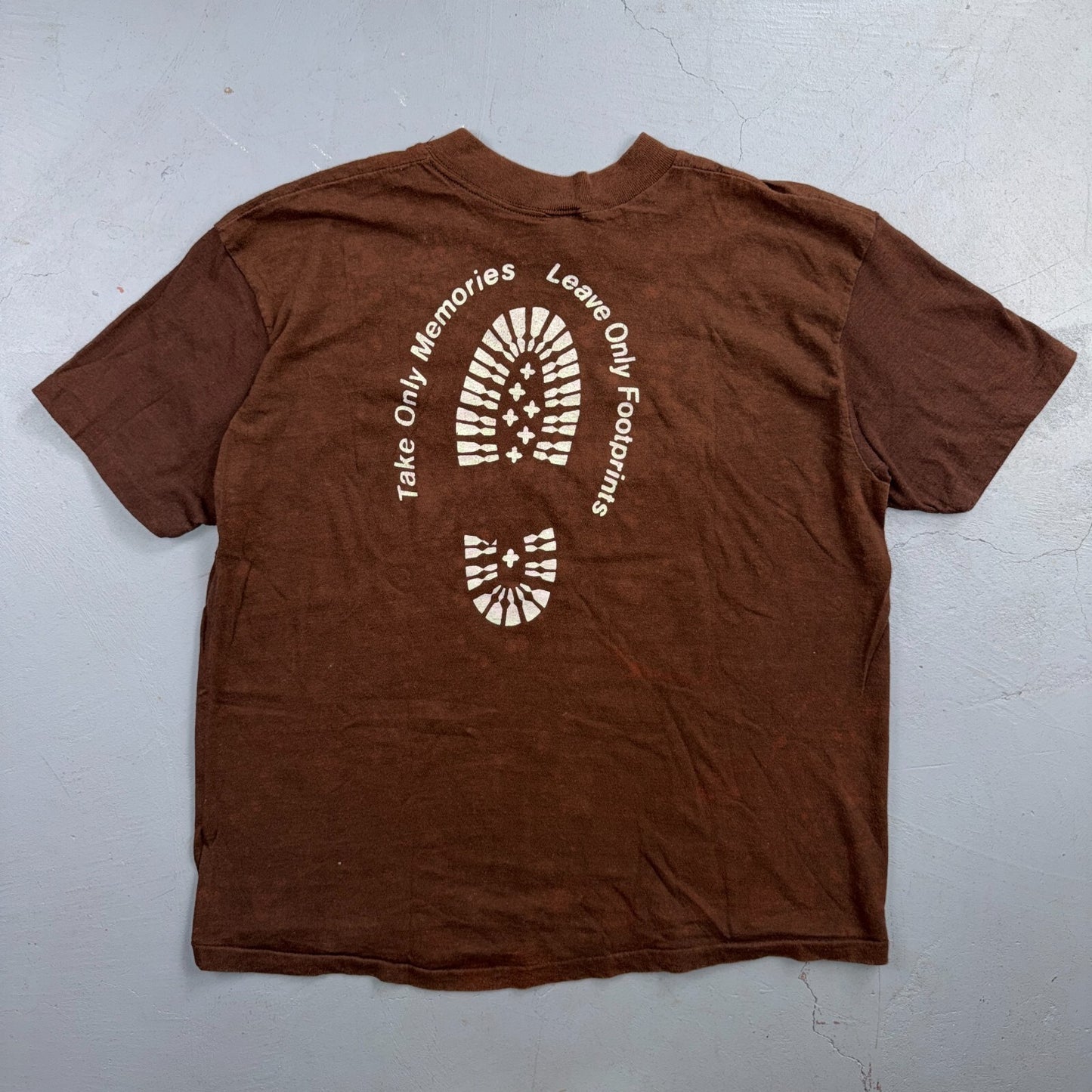 Take Memories Leave Footprints 80s VTG T Shirt Brown 1980s Single Stitch Hiking