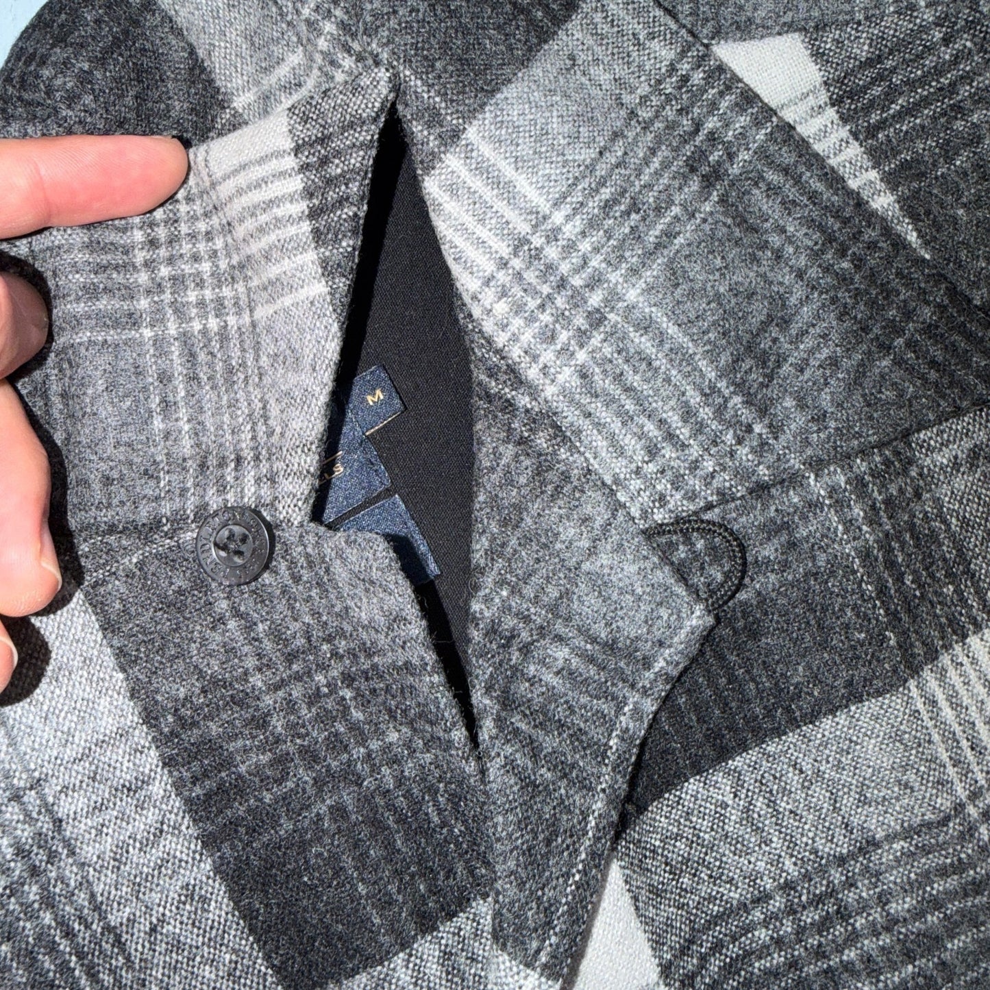 Pendleton Board Shirt Gray Black Plaid Wool Flannel USA Fabric Loop Collar M