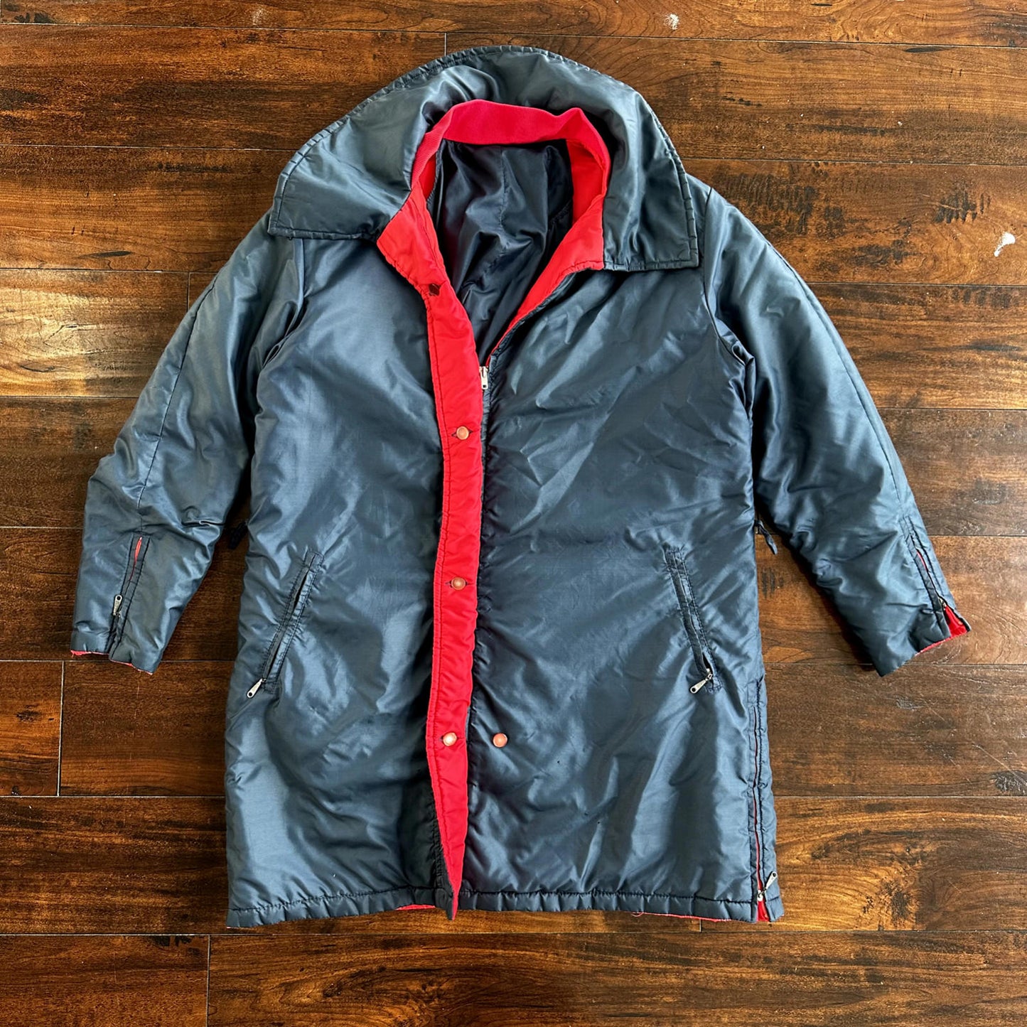Vintage 50s Comfy Puffer Coat Jacket Womens Metallic Talon Zipper 60s Navy
