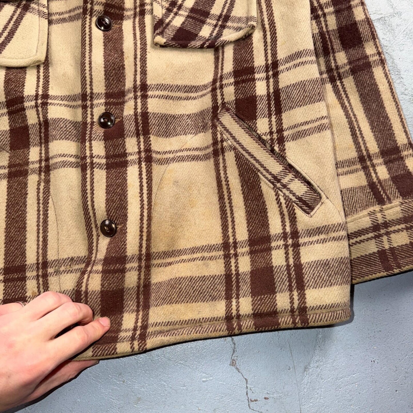 VTG 40s 50s Woolrich Jacket Size 38 Brown Ivory Mackinaw Hunter Plaid Wool RARE