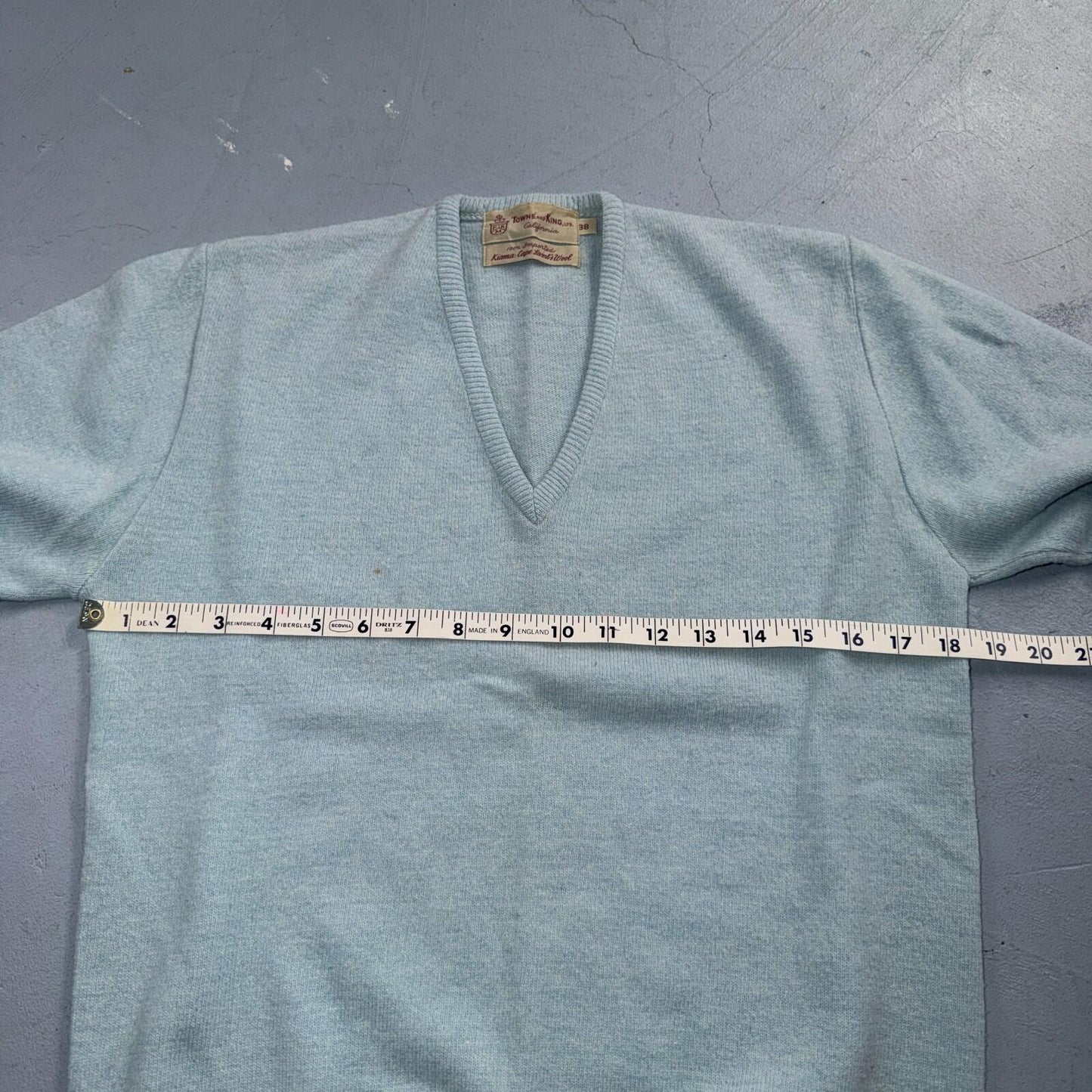 VTG 1940s 1950s Wool Lamb Pullover Sweater Rockabilly Mens V Neck Blue Towne Kin