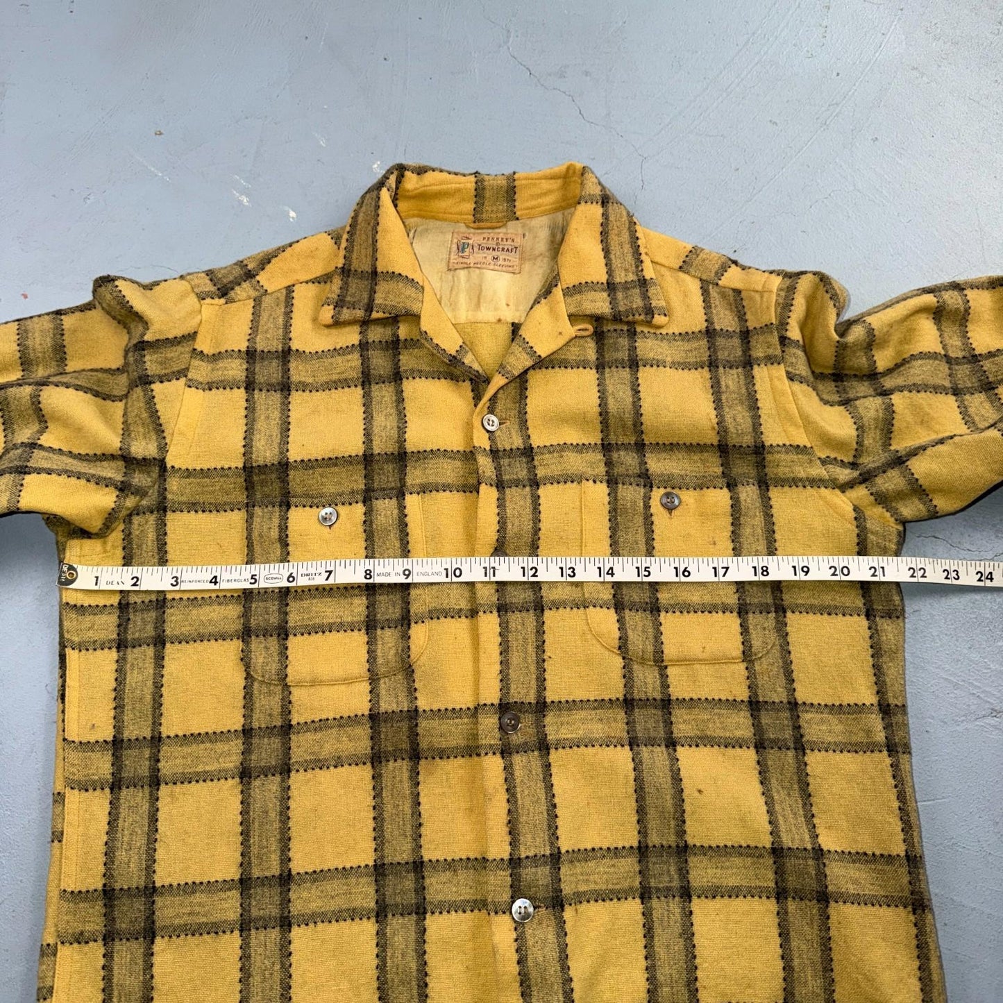 Penneys VTG Towncraft Flannel Shirt Mens M Loop Collar Plaid 50s Rockabilly Wool