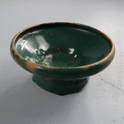 Green Glazed Small Size Motif Bowl Cute Ceramic Green VTG 90s Handmade Art Folk