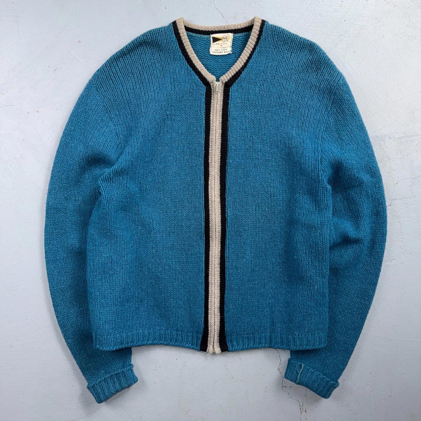 VTG Allen A 100% 2-Ply Shetland Wool Cardigan Sweater Rockabilly 60s 1960s Zip