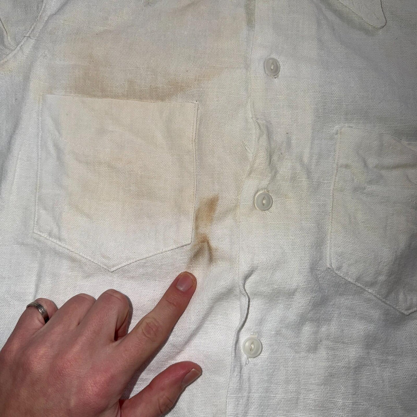 VTG 1940s Sportswear Button Shirt Rockabilly Stained White Linen? Cotton 40s
