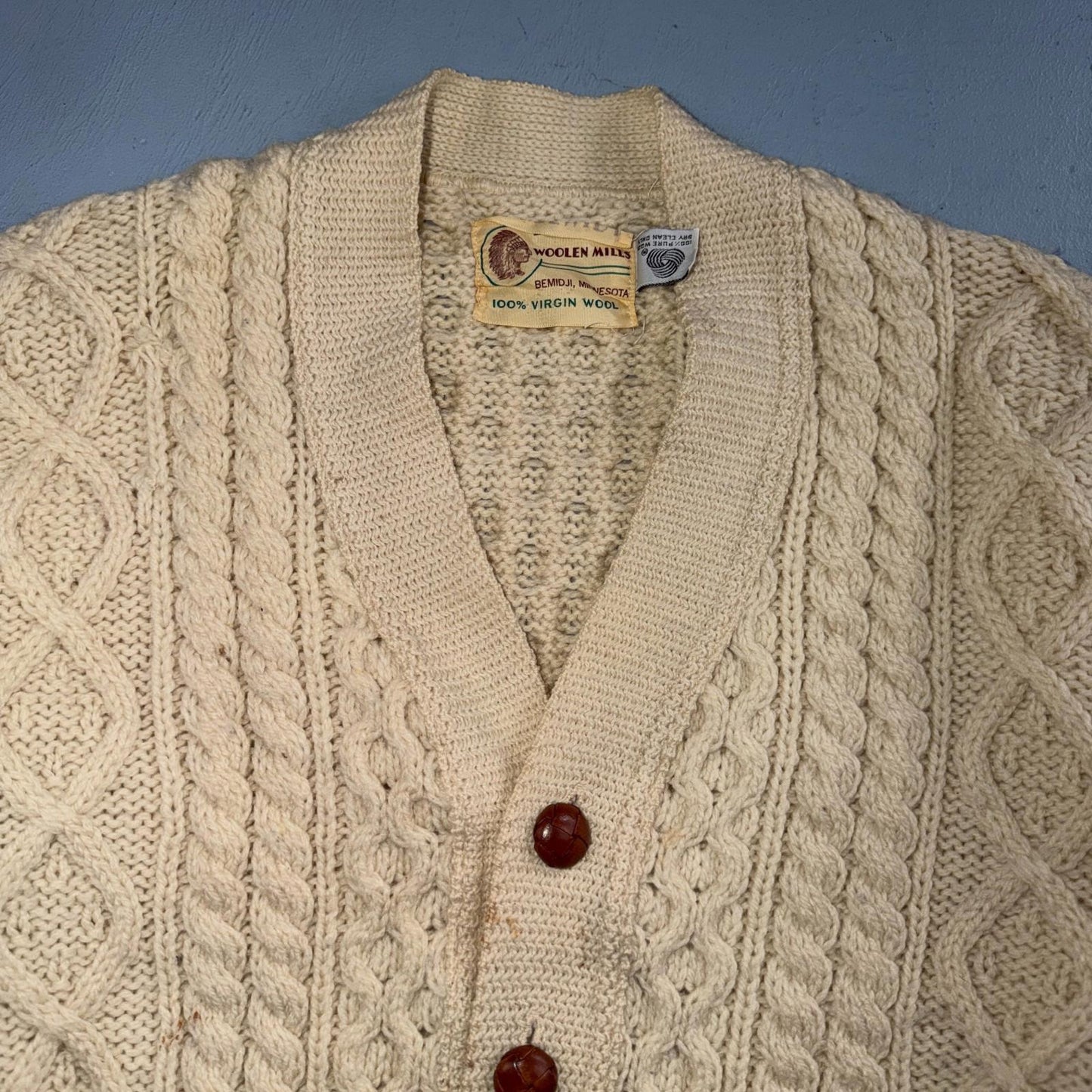 Bemidji VTG Woolen Mills Cream Cable Knit Cardigan Sweater Fisherman Boho 1970s
