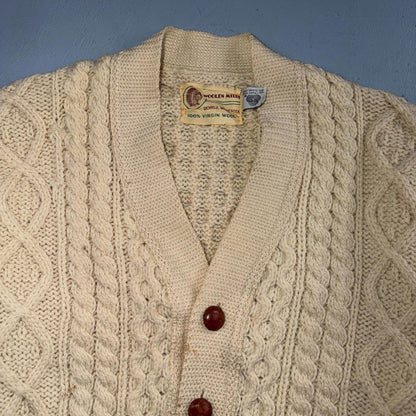 Bemidji VTG Woolen Mills Cream Cable Knit Cardigan Sweater Fisherman Boho 1970s