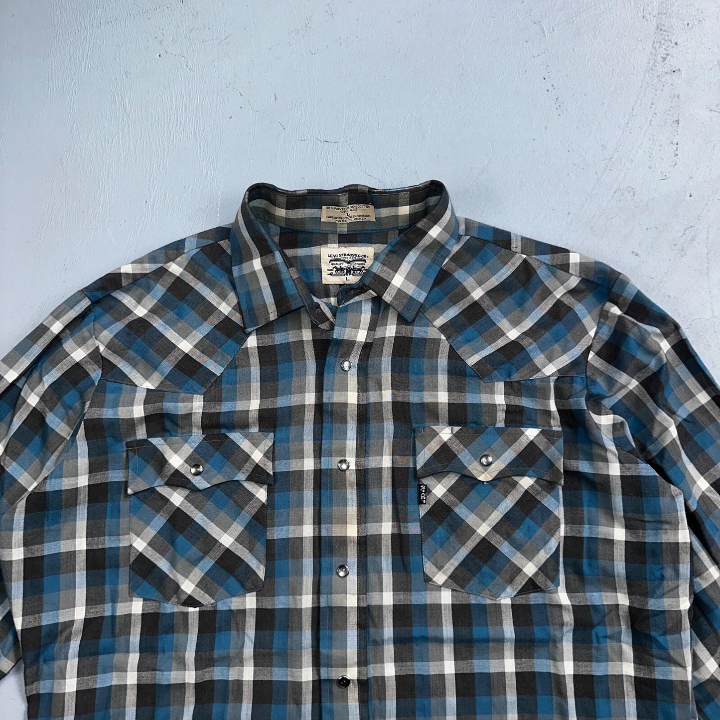 Levis VTG 1980s Pearl Snap Button Shirt Mens L Plaid 80s Cowboy Shirt Korea LS