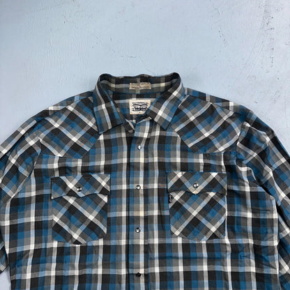 Levis VTG 1980s Pearl Snap Button Shirt Mens L Plaid 80s Cowboy Shirt Korea LS