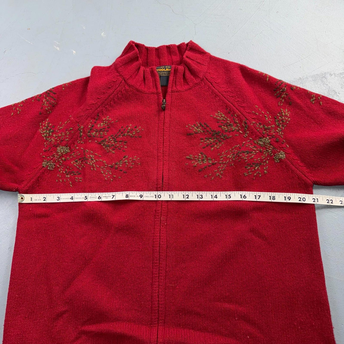 Woolrich 100% Lambswool Red Zip Up Embroidered Fall Autumn Holiday Cardigan Sz L
