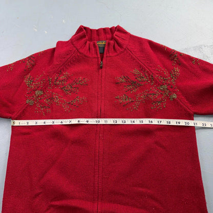 Woolrich 100% Lambswool Red Zip Up Embroidered Fall Autumn Holiday Cardigan Sz L