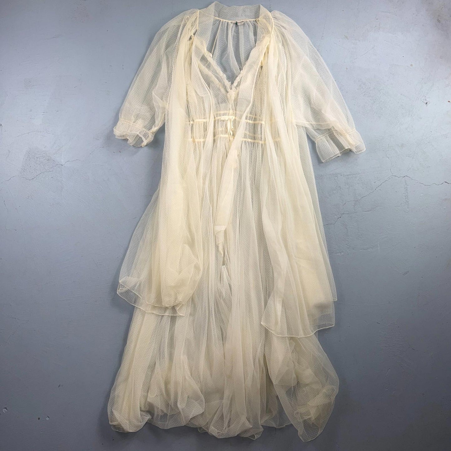 VTG 1950s 3PC Amourelle White Chiffon Slip Dress Robe Bottoms Set Sheer 50s Rare