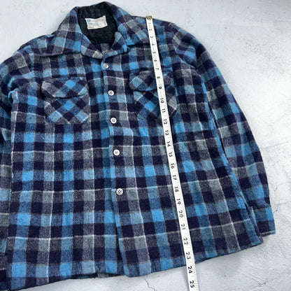 Vintage 60s 70s Towncraft Wool Flannel Blend Button Up Shirt Penneys M Blue