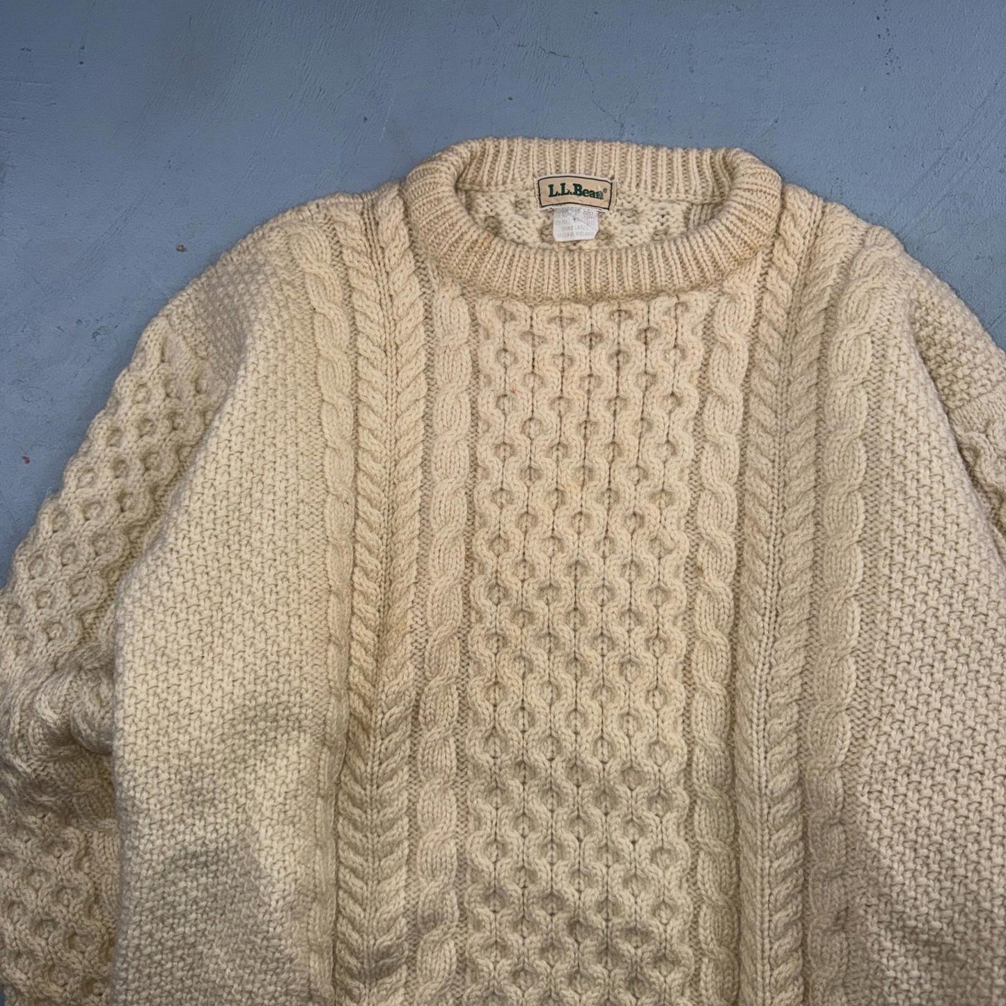 L.L. Bean L Men's Vintage Cable Knit Fisherman Sweater Sz Large Ivory/Cream