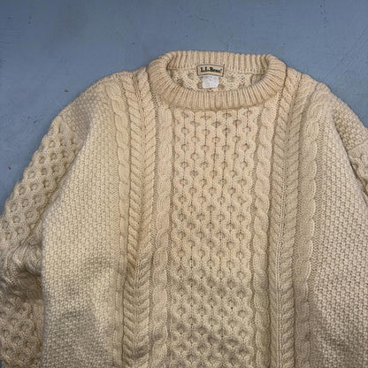 L.L. Bean L Men's Vintage Cable Knit Fisherman Sweater Sz Large Ivory/Cream