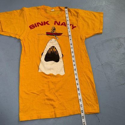 Sink Navy 1970s USN Army VTG T Shirt Yellow Jaws Shark Spoof Movie Rockabilly