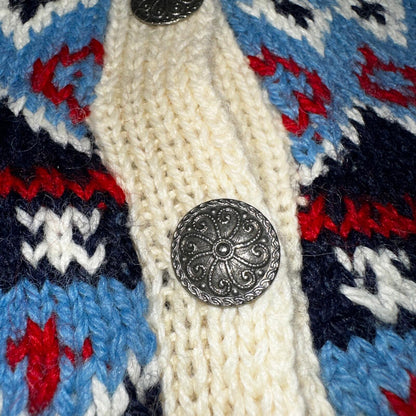 1960s VTG Boho Icelandic Knit Cardigan Large Ivory Red Wool Chunky Grandma Core