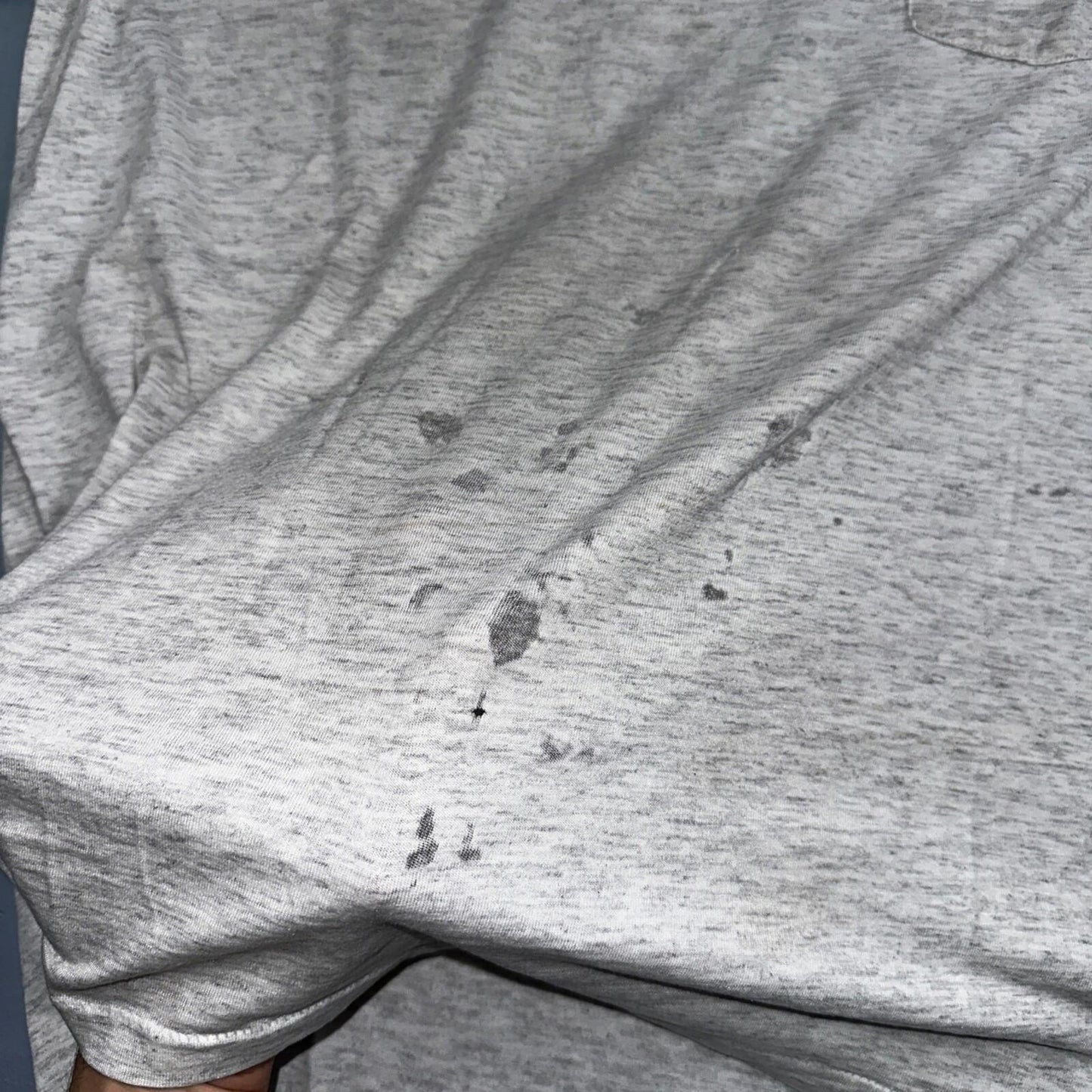 Oneita Pride In Print Designer VTG T Shirt Thrashed Hole Gray Pocket Chest Print