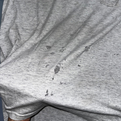 Oneita Pride In Print Designer VTG T Shirt Thrashed Hole Gray Pocket Chest Print