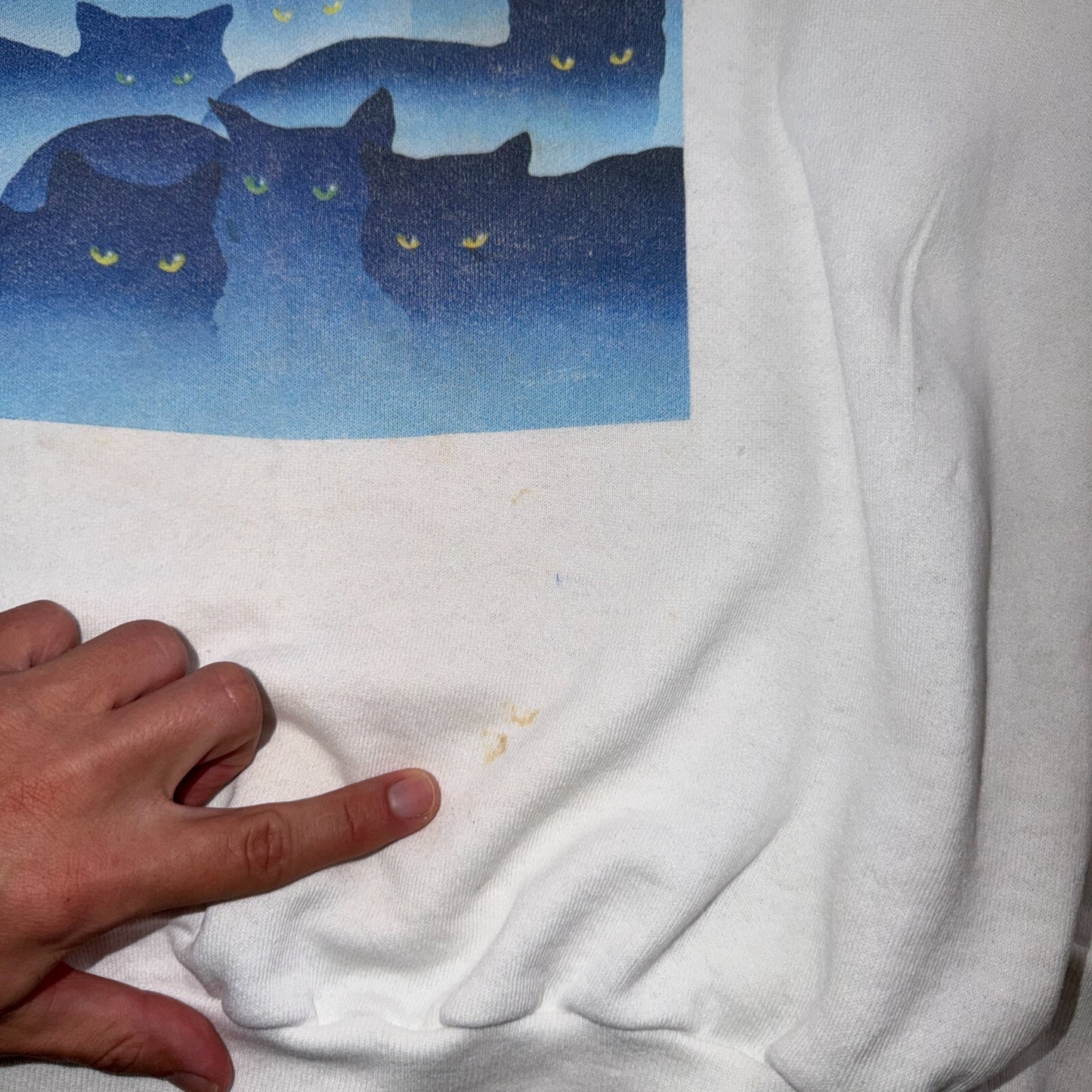 VTG Oneita 90s Blue Black Cats Art Sweatshirt White Graphic Crewneck Pullover