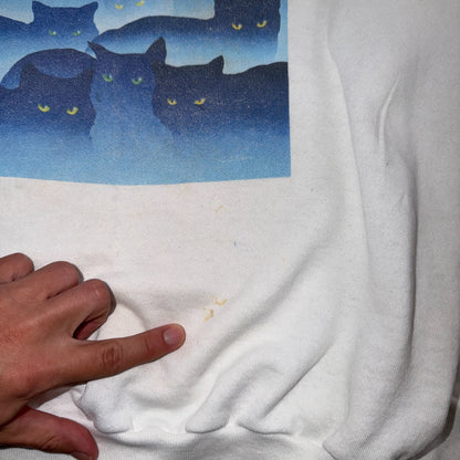 VTG Oneita 90s Blue Black Cats Art Sweatshirt White Graphic Crewneck Pullover