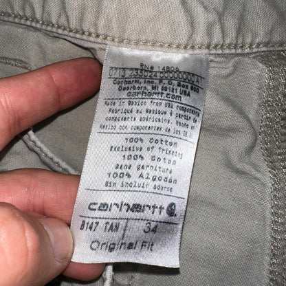 Carhartt B147 Shorts Mens 34 Tan Canvas Carpenter Cargo Work Worn Tan khaki