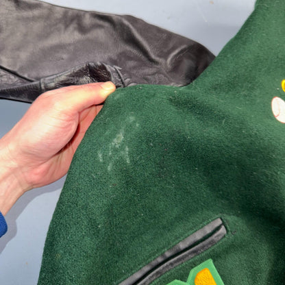 Varsity Jacket 44 VTG Green Bomber Wool Leather Evergreen Plainsmen Chainstitch