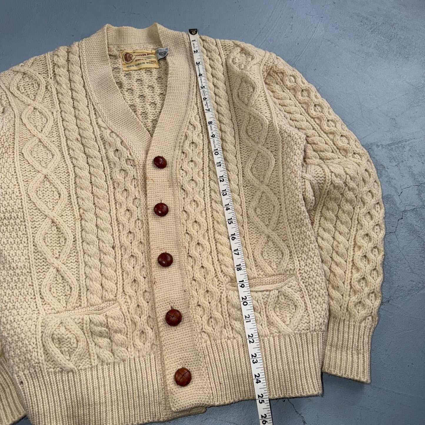 Bemidji VTG Woolen Mills Cream Cable Knit Cardigan Sweater Fisherman Boho 1970s