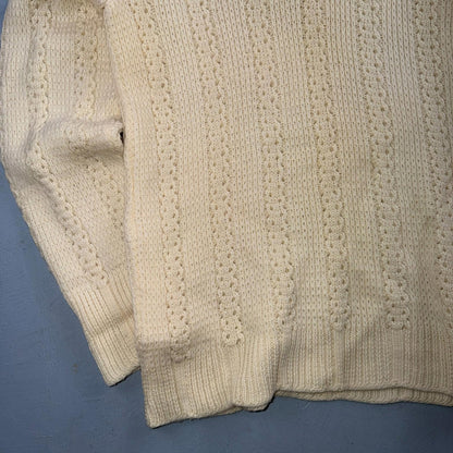 Penneys 1950s Wool Sweater Cream Shawl Collar Heritage Fisherman Knit Rockabilly