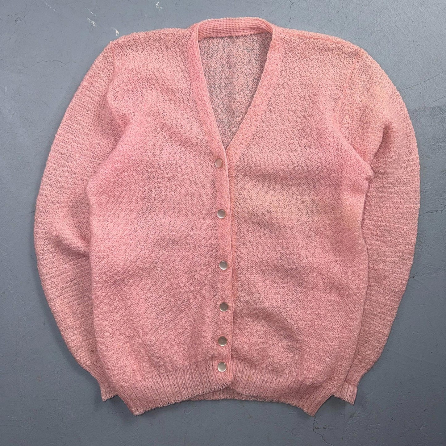 VTG Pink Mohair Cardigan Sweater 50s 60s Fuzzy Knit Button Front Airy Rockabilly