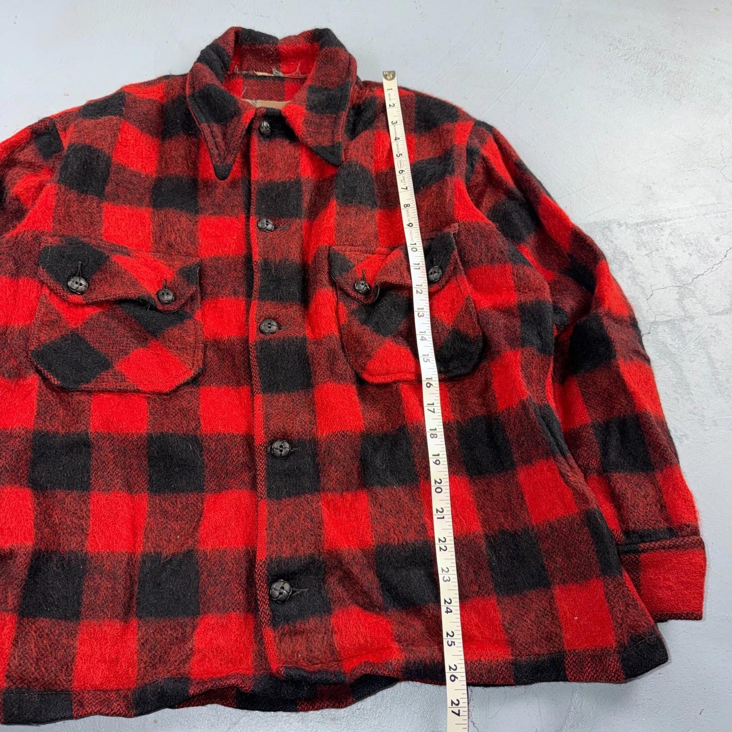 VTG 1950s Wool Buffalo Plaid Mackinaw Heavy Jacket Button Up Mohair Rockabilly