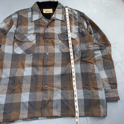 VTG 60s Montclair Brown Gray Plaid Wool Shirt Loop Collar USA Rockabilly Board
