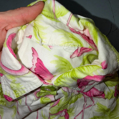 Womens Hawaiian Camp Bowling Lounge Button Up Shirt Flamingo Palm Trees