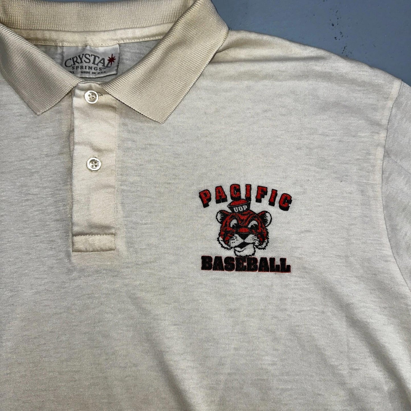 Vintage UOP Pacific Baseball Polo Shirt Crystal Springs NCAA 80s Tigers Rare