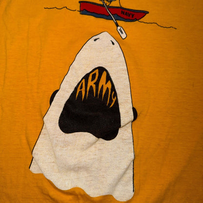 Sink Navy 1970s USN Army VTG T Shirt Yellow Jaws Shark Spoof Movie Rockabilly