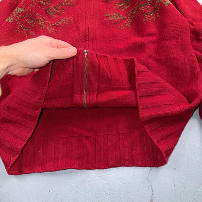 Woolrich 100% Lambswool Red Zip Up Embroidered Fall Autumn Holiday Cardigan Sz L
