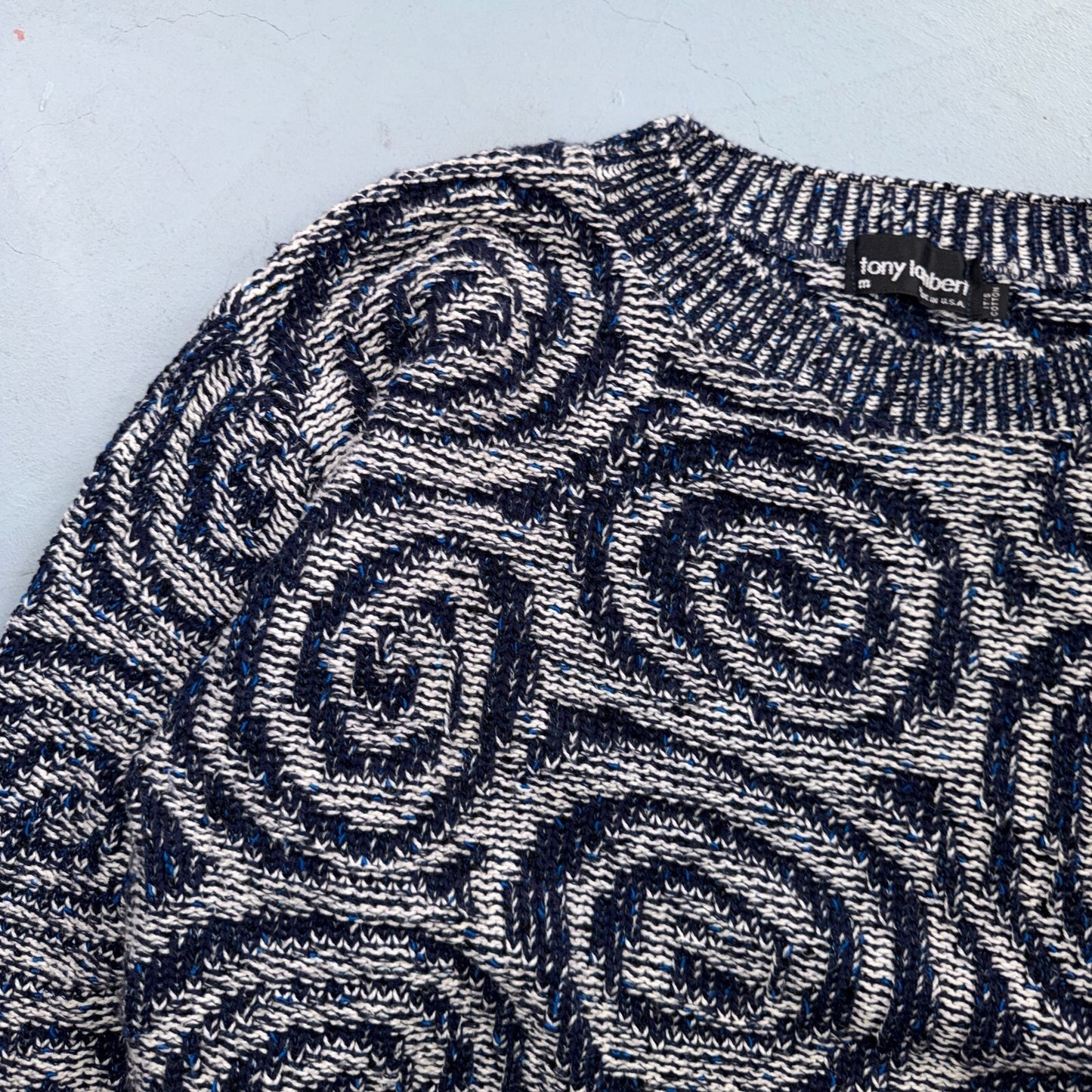 VTG RARE 90s Tony Lambert Textured Knit Sweater Blue White Abstract Made USA M