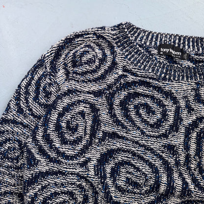 VTG RARE 90s Tony Lambert Textured Knit Sweater Blue White Abstract Made USA M