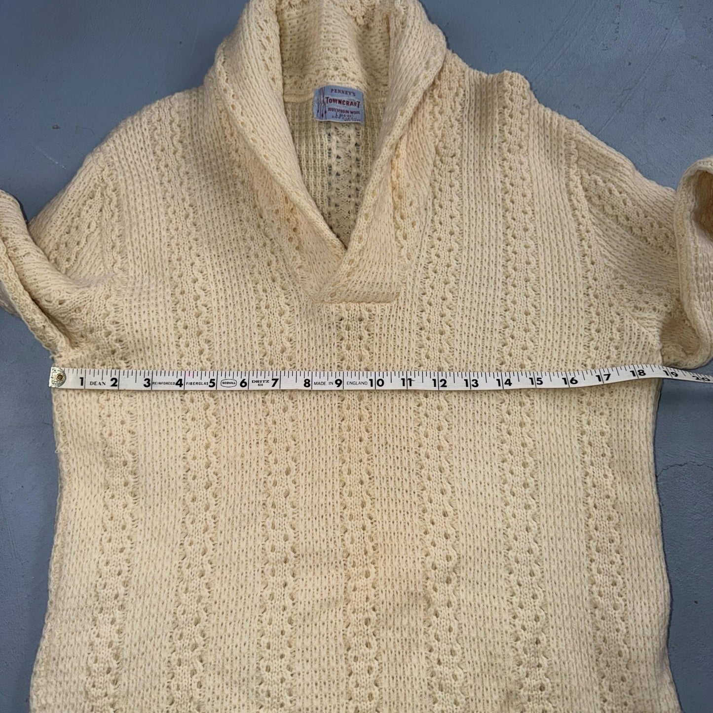 Penneys 1950s Wool Sweater Cream Shawl Collar Heritage Fisherman Knit Rockabilly