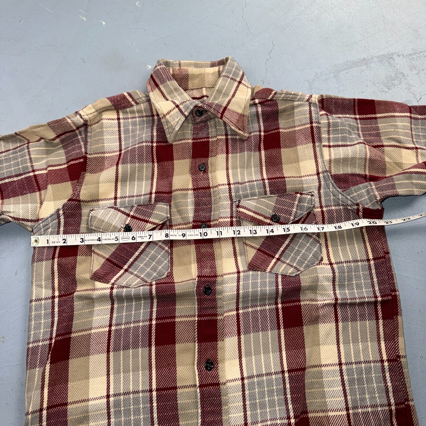 VTG 70s Burgundy Gray Plaid Heavy Flannel Button Shirt Workwear Mens Penneys
