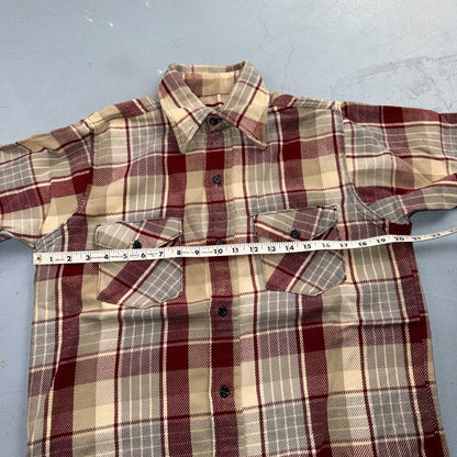 VTG 70s Burgundy Gray Plaid Heavy Flannel Button Shirt Workwear Mens Penneys