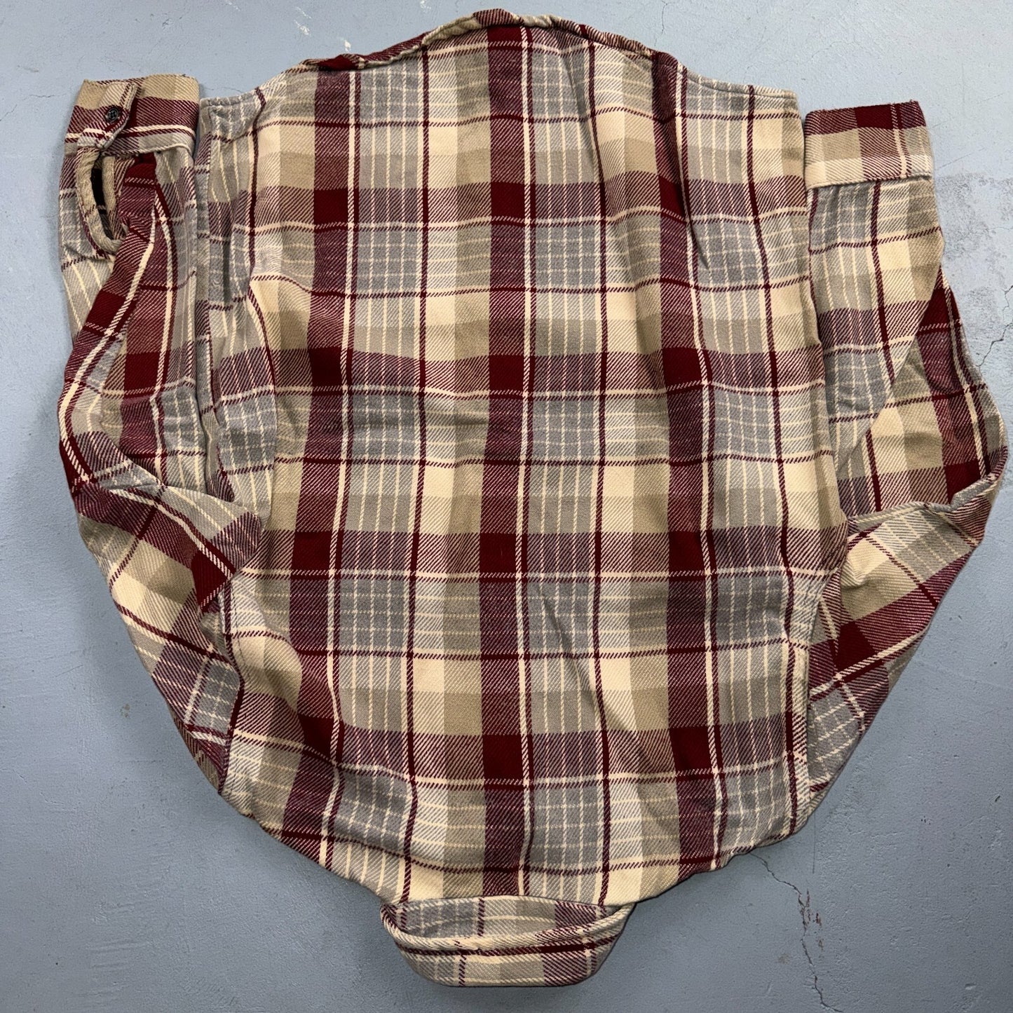 VTG 70s Burgundy Gray Plaid Heavy Flannel Button Shirt Workwear Mens Penneys