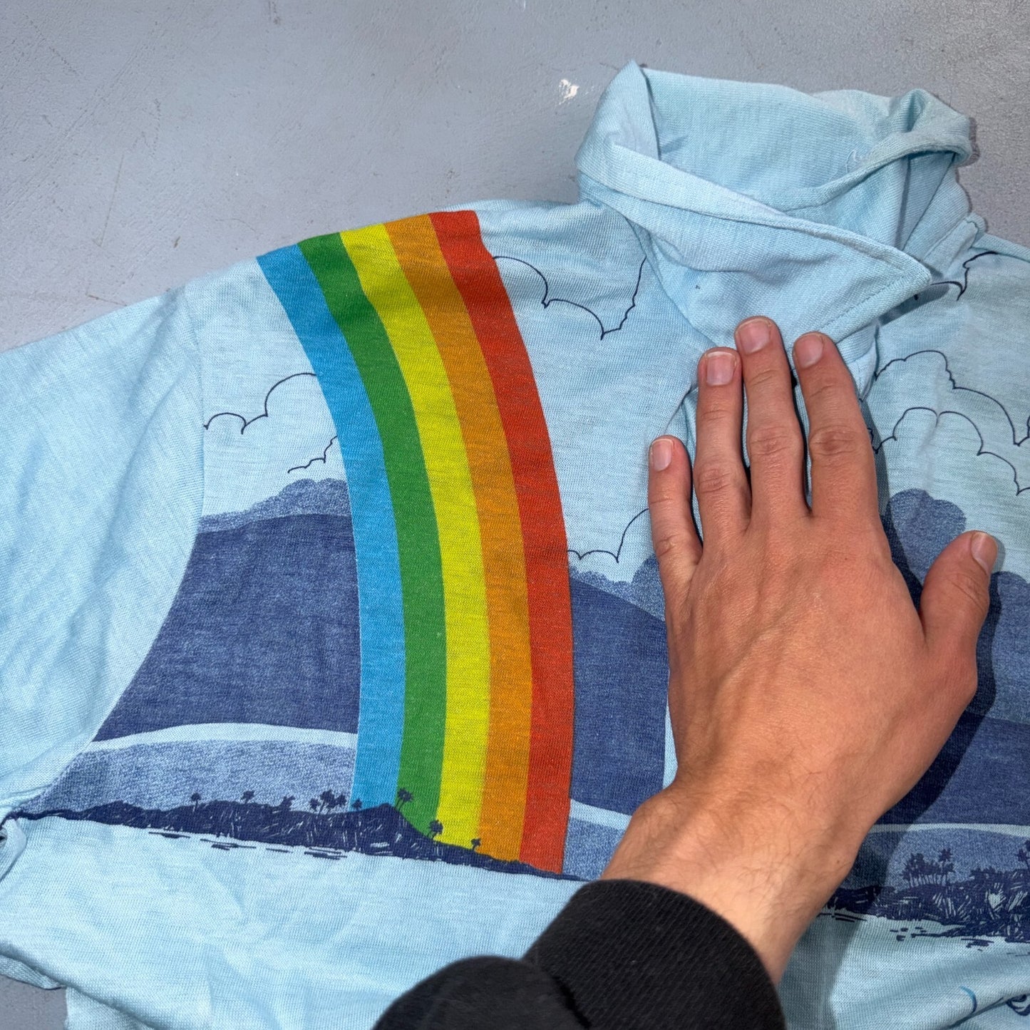 VTG 70s Wave Rainbow Landscape Long Sleeve Collared Polo Shirt Hawaii Aloha 80s