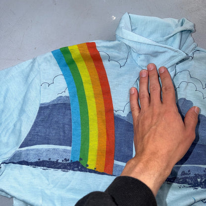 VTG 70s Wave Rainbow Landscape Long Sleeve Collared Polo Shirt Hawaii Aloha 80s
