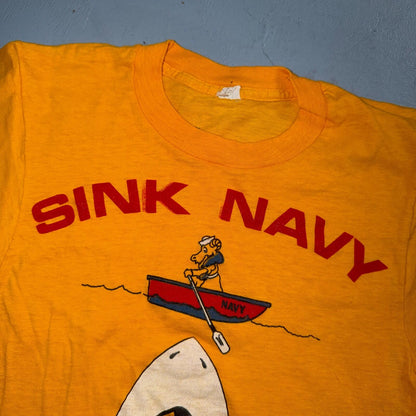 Sink Navy 1970s USN Army VTG T Shirt Yellow Jaws Shark Spoof Movie Rockabilly