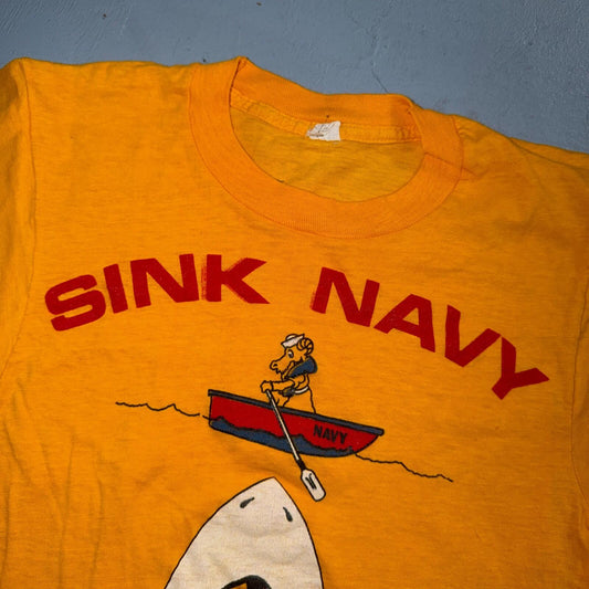 Sink Navy 1970s USN Army VTG T Shirt Yellow Jaws Shark Spoof Movie Rockabilly