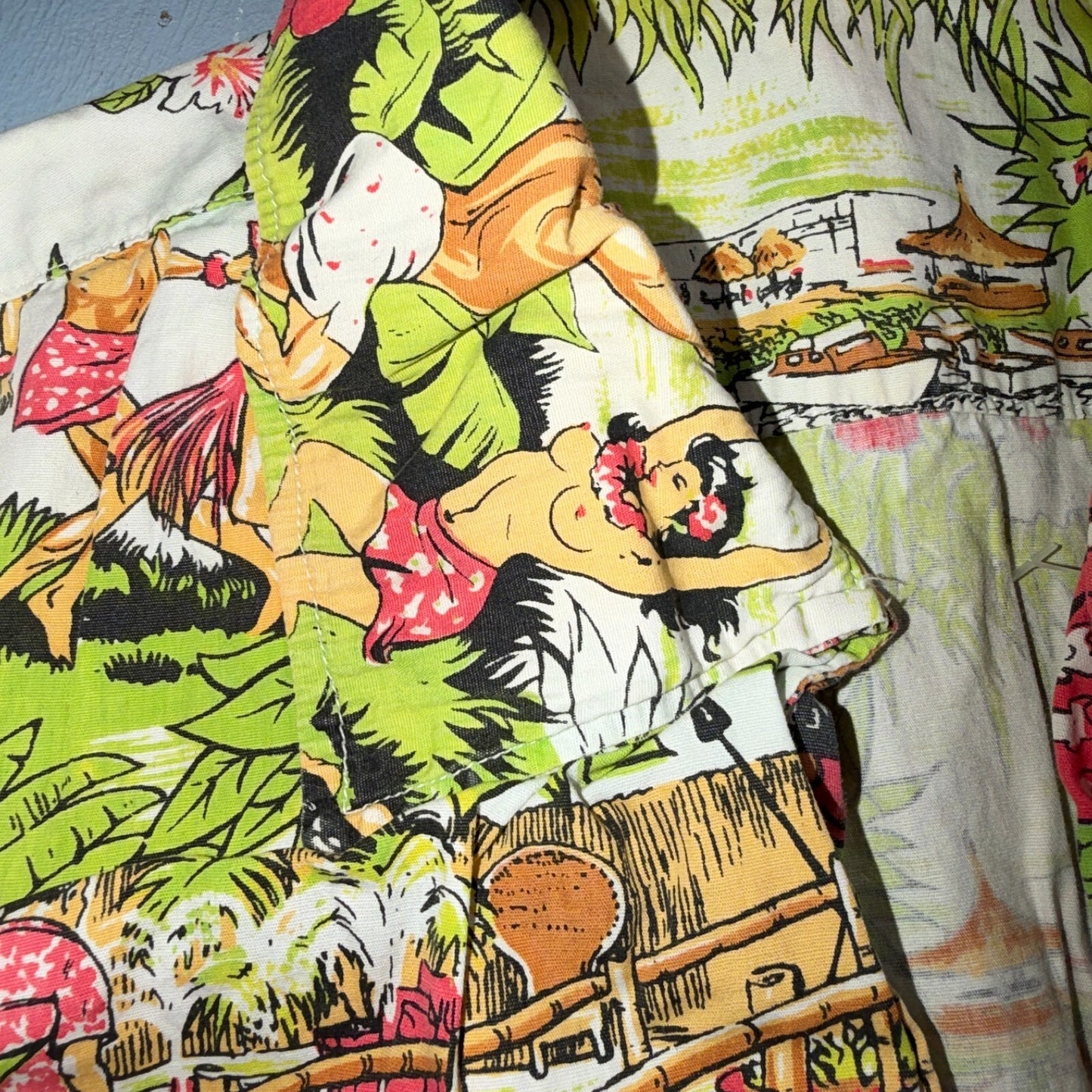 VTG 50s Hawaiian Aloha Shirt Dance Rockabilly Novelty Print Pinup Pin Up Girls