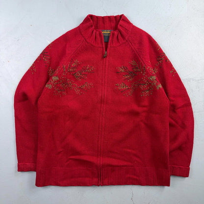 Woolrich 100% Lambswool Red Zip Up Embroidered Fall Autumn Holiday Cardigan Sz L